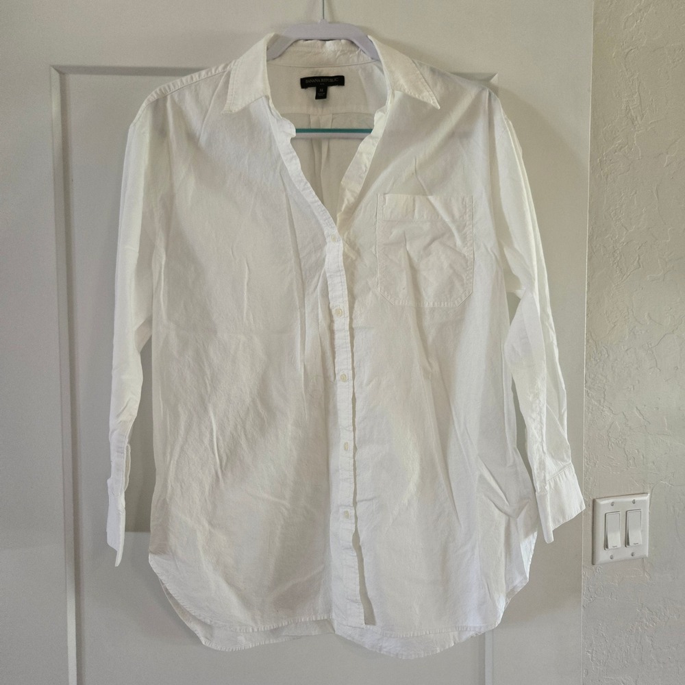 Banana Republic Shirt Womans Medium White 100% Cotton Button Down Pocket - Picture 7 of 9